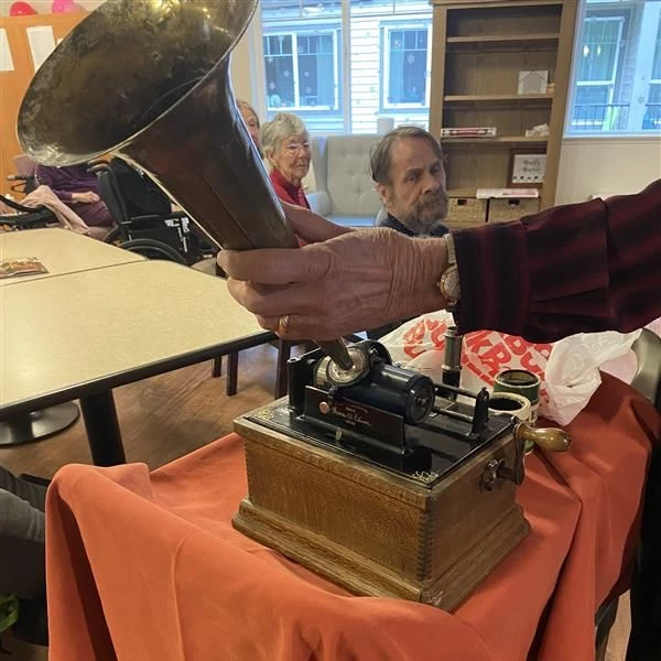 A closeup of an old sound device being displayed.